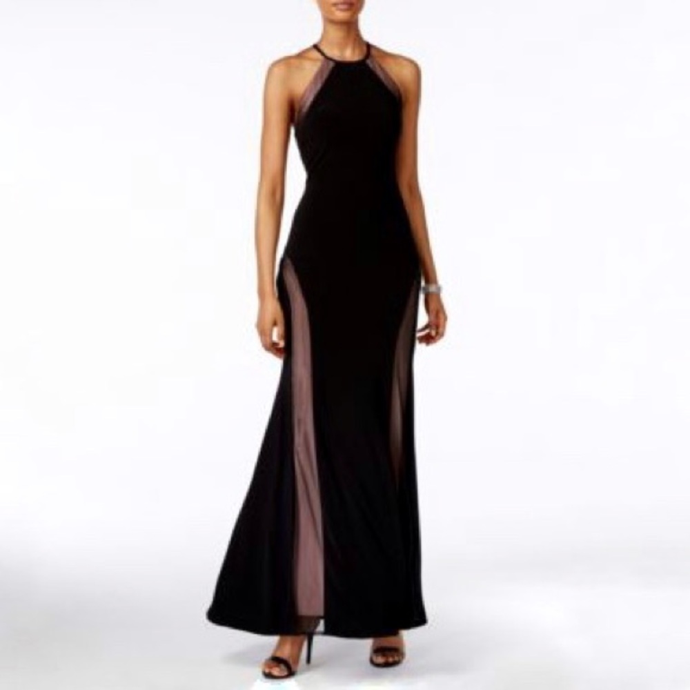 NightWay Open Back Illusion Gown Black Nude 90s Formal Maxi Halter Dress Mesh